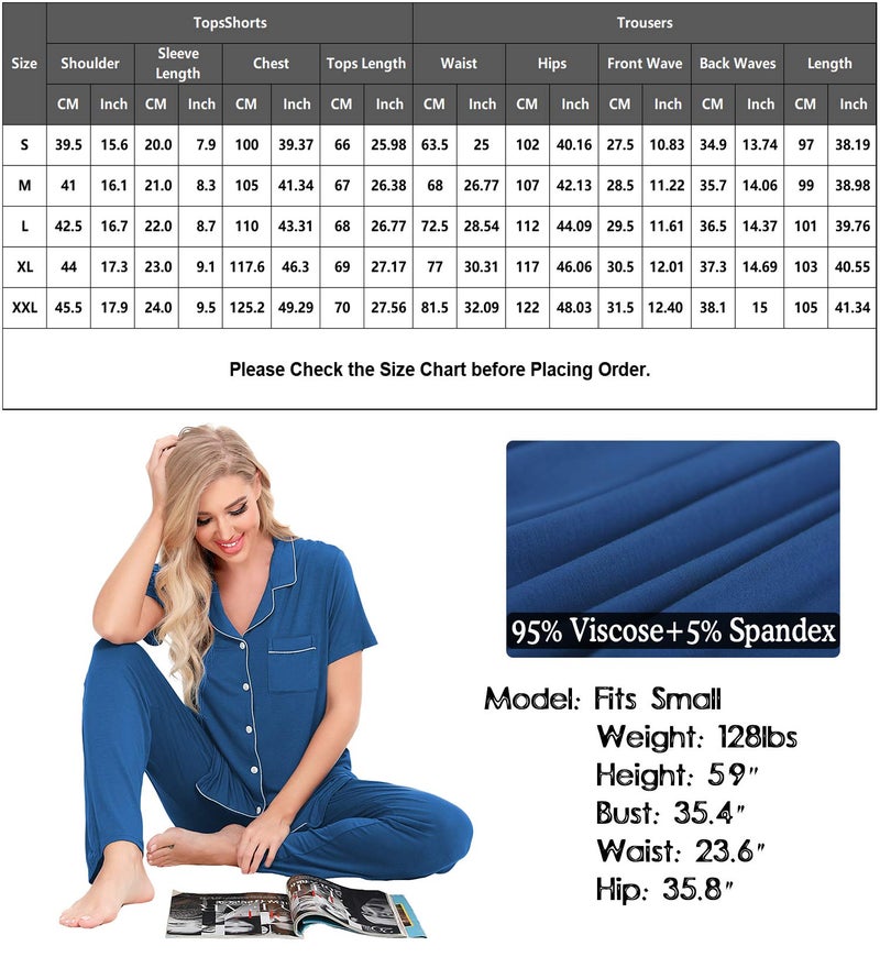 SWOMOG Women Pajama Sets Two-Piece Nightwear Short Sleeve Sleepwear Button Down Pj Lounge Sets with Long Pants Royal Blue - Image 5
